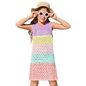 Haloumoning Girls Color Block Crochet Knit Swim Cover up Kids Summer Sleeveless Beach Dress 5-14 Years