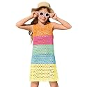 Haloumoning Girls Color Block Crochet Knit Swim Cover up Kids Summer Sleeveless Beach Dress 5-14 Years