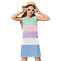 Haloumoning Girls Color Block Crochet Knit Swim Cover up Kids Summer Sleeveless Beach Dress 5-14 Years