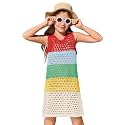 Haloumoning Girls Color Block Crochet Knit Swim Cover up Kids Summer Sleeveless Beach Dress 5-14 Years