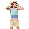 Haloumoning Girls Color Block Crochet Knit Swim Cover up Kids Summer Sleeveless Beach Dress 5-14 Years