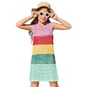 Haloumoning Girls Color Block Crochet Knit Swim Cover up Kids Summer Sleeveless Beach Dress 5-14 Years