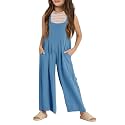 Haloumoning Girls Overalls Kids Casual Sleeveless Wide Leg Jumpsuit Loose Rompers with Pockets 5-14 Years