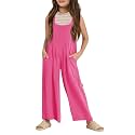 Haloumoning Girls Overalls Kids Casual Sleeveless Wide Leg Jumpsuit Loose Rompers with Pockets 5-14 Years