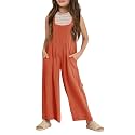 Haloumoning Girls Overalls Kids Casual Sleeveless Wide Leg Jumpsuit Loose Rompers with Pockets 5-14 Years