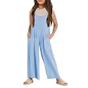 Haloumoning Girls Overalls Kids Casual Sleeveless Wide Leg Jumpsuit Loose Rompers with Pockets 5-14 Years