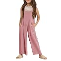 Haloumoning Girls Overalls Kids Casual Sleeveless Wide Leg Jumpsuit Loose Rompers with Pockets 5-14 Years