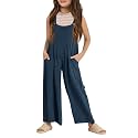 Haloumoning Girls Overalls Kids Casual Sleeveless Wide Leg Jumpsuit Loose Rompers with Pockets 5-14 Years