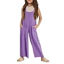 Haloumoning Girls Overalls Kids Casual Sleeveless Wide Leg Jumpsuit Loose Rompers with Pockets 5-14 Years