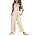 Haloumoning Girls Overalls Kids Casual Sleeveless Wide Leg Jumpsuit Loose Rompers with Pockets 5-14 Years