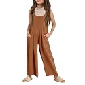 Haloumoning Girls Overalls Kids Casual Sleeveless Wide Leg Jumpsuit Loose Rompers with Pockets 5-14 Years