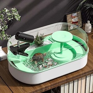 hamdan turtle aquarium tank with filter amp lid reptile habitat terrapin lake basking swimming breeding hibernation feeding platform for tortoise medium with uv heat light 49x25x21cm - green