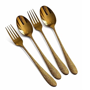 hammered aurum gold spoon and fork set  4-piece premium stainless steel flatware set  textured cutlery for modern dining gifting and everyday use  rust resistant amp dishwasher safe