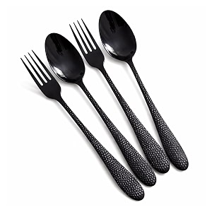 hammered charcoal black spoon and fork set  4-piece premium stainless steel flatware set  textured cutlery for modern dining gifting and everyday use  rust resistant amp dishwasher safe