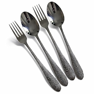 hammered sterling silver spoon and fork set  4-piece premium stainless steel flatware set  textured cutlery for modern dining gifting and everyday use  rust resistant amp dishwasher safe