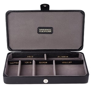 hammonds flycatcher men39s leather gift box with rfid protection - 6 compartment organizer for pens glasses keys watches cards and wallets - black luxury valet box for accessories and storage