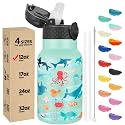 Han's Bottle Kids Water Bottle with Straw Lid - Insulated Stainless Steel Reusable Tumbler for Girls,Boys,Thermo Mug,12oz,Ocean Fish