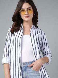 Hancock Women Striped Casual White Dark Blue