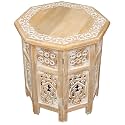 Hand Carved Folding End Table 18x18", Vintage Boho Octagon, White Wash