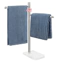 Hand Towel Holder, F-Shape Hand Towel Stand with Marble Base, Stainless Steel Swivel Hand Towel Rack Standing Towel Bar for Bathroom Kitchen Countertop, 2 Arms (Brushed Nickel)