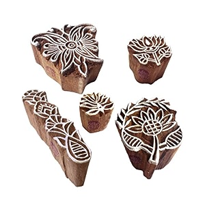 handcarved motif flower and finger block print wood stamps set of 5