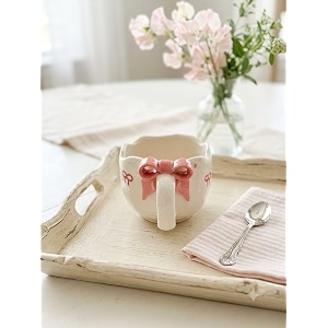 handcrafted ceramic tea cup with bow design  cute coffee amp tea mug  glossy finish  gift for home amp kitchen red