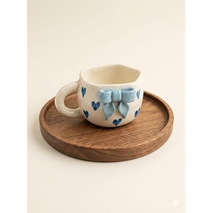handcrafted ceramic tea cup with bow design  cute coffee amp tea mug  glossy finish  gift for home amp kitchen blue