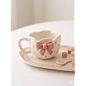 Handcrafted Ceramic Tea Cup with Bow Design | Cute Coffee &amp; Tea Mug | Glossy Finish | Gift for Home &amp; Kitchen (Pink)