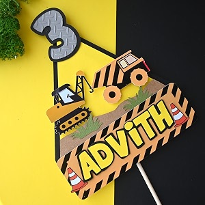 handcrafted construction theme cake topper  customised with name  digger truck birthday cake decoration  personalized kids birthday party decor