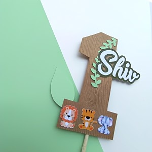 handcrafted jungle cake topper with custom name amp age  personalized birthday cake decoration