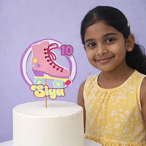 handcrafted skating theme cake topper  customised with name  roller skating birthday cake decoration  personalized kids party decor