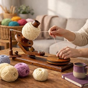 handcrafted wooden yarn ball winder hand operated knitting and crochet tool natural wood yarn holder