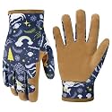 HANDLANDY Kids Leather Gardening Gloves, Kid Work Gloves, Blue, S