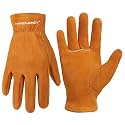 HANDLANDY Kids Leather Gardening Gloves, Kid Work Gloves, Orange, M
