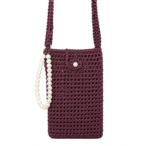 handmade crochet mobile pouch for women amp girls  knitted phone holder with wrist strap  cute floral aesthetic mobile cover case  soft yarn handmade gift dark purple
