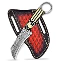 Handmade Damascus Steel Lineman tools Hawkbill knife with Leather Sheath, Professional Heavy Duty Wire Skinning knife, Utility Fixed blade Electrician tools Knife (Lineman American Flag)