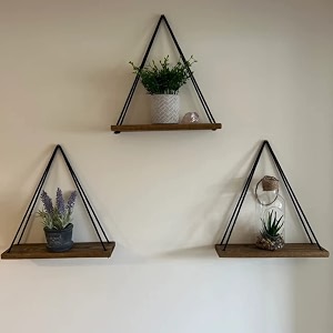 handmade macrame hanging shelf  boho wall shelf for bedroom living room bathroom  wooden rope shelf for plants books decor  cotton rope floating shelf threaded spaces