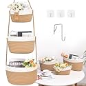 Hanging Basket, 3-Tier Woven Wall Basket with 4 Hooks, Cotton Rope Storage Baskets, Over the Door Organizer for Nursery, Bedroom, Cottage and Boho Wall Decor
