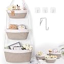 Hanging Basket, 3-Tier Woven Wall Basket with 4 Hooks, Cotton Rope Storage Baskets, Over the Door Organizer for Nursery, Bedroom, Cottage and Boho Wall Decor