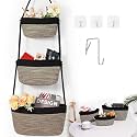 Hanging Basket, 3-Tier Woven Wall Basket with 4 Hooks, Cotton Rope Storage Baskets, Over the Door Organizer for Nursery, Bedroom, Cottage and Boho Wall Decor