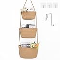 Hanging Basket, 3-Tier Woven Wall Basket with 4 Hooks, Cotton Rope Storage Baskets, Over the Door Organizer for Nursery, Bedroom, Cottage and Boho Wall Decor