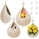 Hanging Fruit Baskets for Kitchen - 3 Pack Boho Wall Hanging Basket with 6 Pcs Strong Hooks, Handwoven Onion Storage Teardrop Home Onion Basket for Fruits Vegetable Potato Kitchen Storage (White)