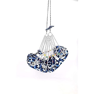 hanging swing chair with chains blue and white pattern