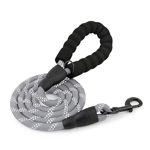 hank dog leash  3m reflective dog rope  soft comfortable handle  heavy duty belt hook  suitable up to 10kg - small breed - 5 feet long - grey