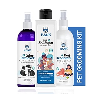 hank 3-in-1 dogs amp cats neem aloe vera anti tick flea shampoo - green apple dog perfume deodorant spray - lavender enzymatic urine odor remover - pet grooming kit combo pack of 3