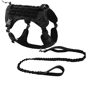 hank tactical dog harness - no pull heavy duty - pet body vest with military standard fabric - 2 front metal buckles - dog belt for training - walking black medium harness  leash