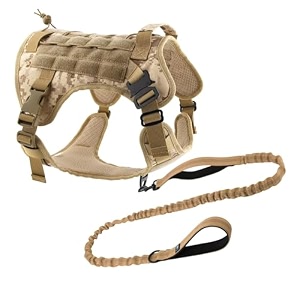 hank tactical dog harness - no pull heavy duty - pet body vest with military standard fabric - 2 front metal buckles - dog belt for training - walking camouflage medium harness  leash