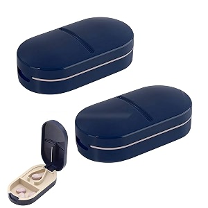 hannea 2pcs pill cutter portable pill splitter 2-in-1 pill case with stainless steel blade for small or large vitamins tablets with mini pill organizer compartment blue