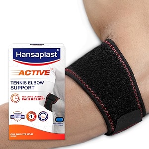 hansaplast active tennis elbow support for men amp women  1 unit  elbow brace with visible pressure pad for long lasting pain relief  skin friendly elbow bandguard with adjustable strap for custom fit  tennis badminton cricket gym workout  one size fits most