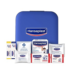 hansaplast fast aid kit for wounds amp bruises  first aid kit  9 items - 35 pieces  emergency medical kit for home office travel car sports outdoor multi-use pack for cuts wounds amp injuries  lightweight amp compact